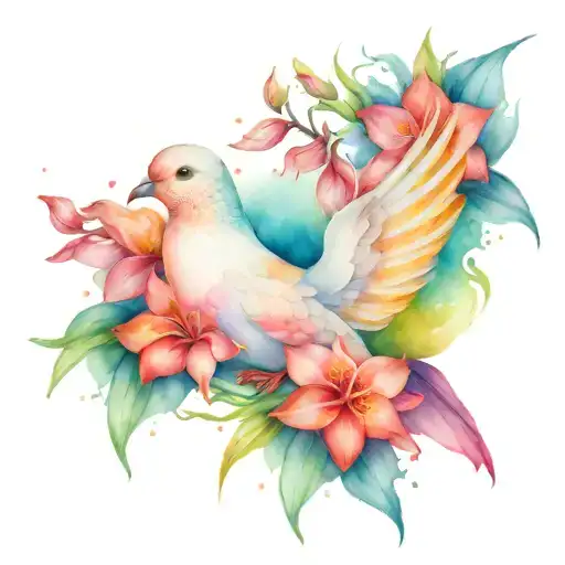 colourful dove and gladiolus flower intertwined tattoo design idea