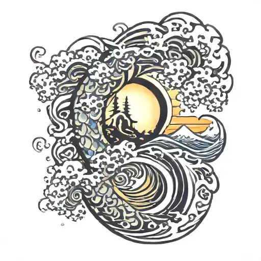 japanese wave japanese sunrise maori filling on full arm tattoo design idea