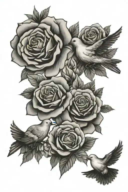 doves flying and roses intertwined tattoo design idea