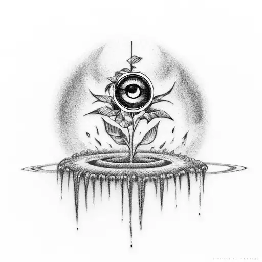 A whimsical tattoo of a coffee plant growing on Saturn's ring with an ILLUMINATI eye watching from above tattoo design idea