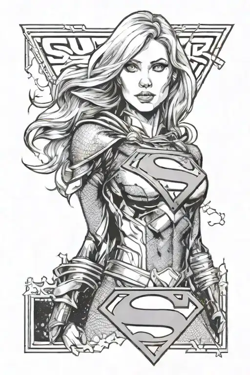 A portrait of Supergirl in a comic book style, with elements of gaming incorporated into the design, in a dotwork style tattoo design idea