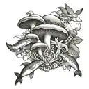 mushroom, 2 cherubs, 3 dolphins  tattoo design idea
