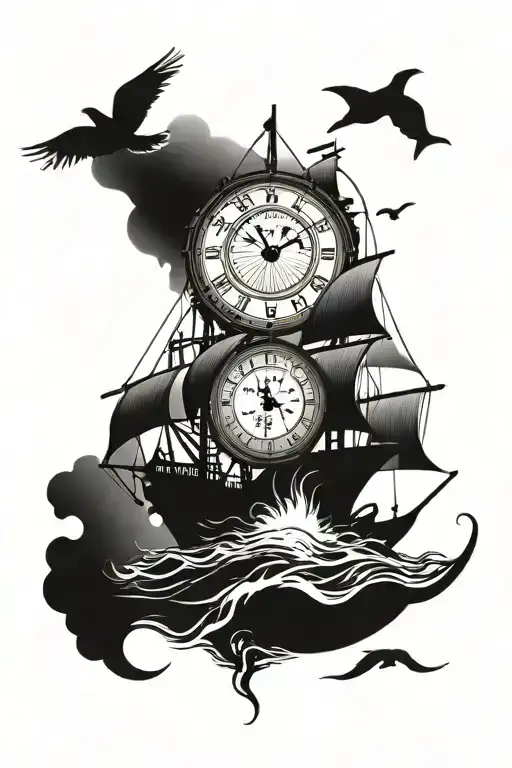 noah ark boat clock face merge and date 18th July birth date tattoo design idea