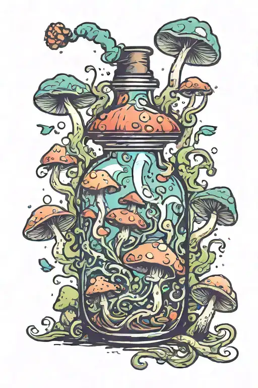 liquid-filled potion bottle with fumes coming out and psychedelic mushrooms all around it tattoo design idea