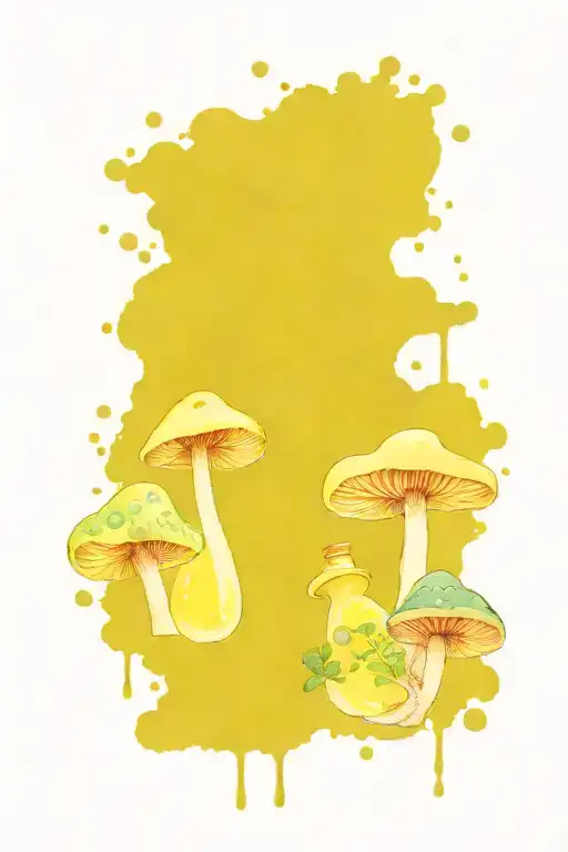 one small liquid-filled potion bottle with color filling psychedelic mushrooms growing around them  tattoo design idea