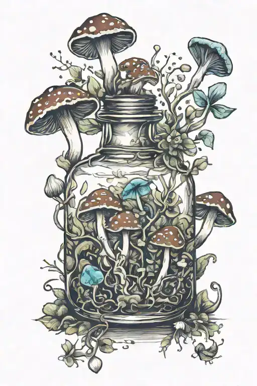 potion bottle with psychedelic mushrooms all around it tattoo design idea