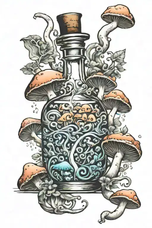 potion bottle with psychedelic mushrooms all around it tattoo design idea