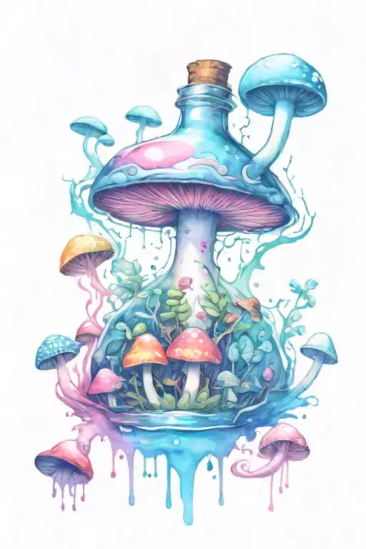 one liquid-filled potion bottle with color slowly rising in the psychedelic mushrooms growing on the ground tattoo design idea