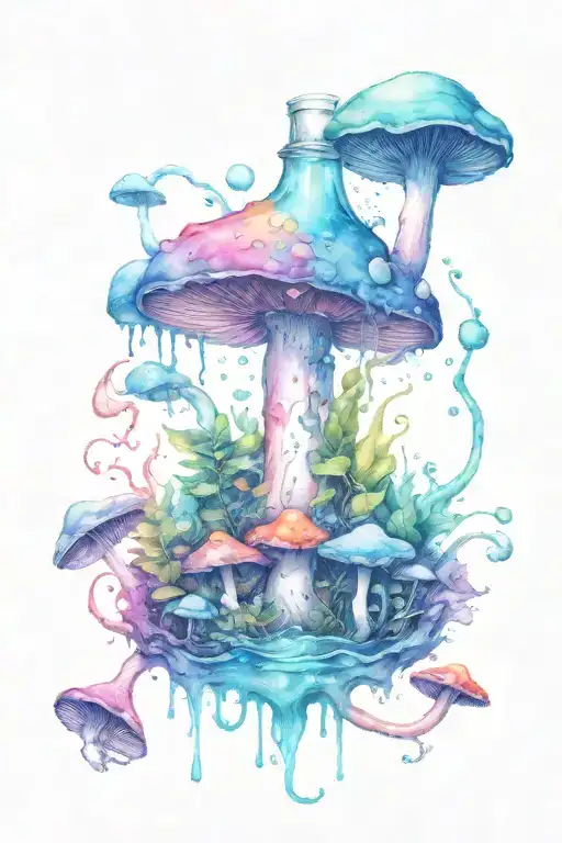 one liquid-filled potion bottle with color slowly rising in the psychedelic mushrooms growing on the ground tattoo design idea