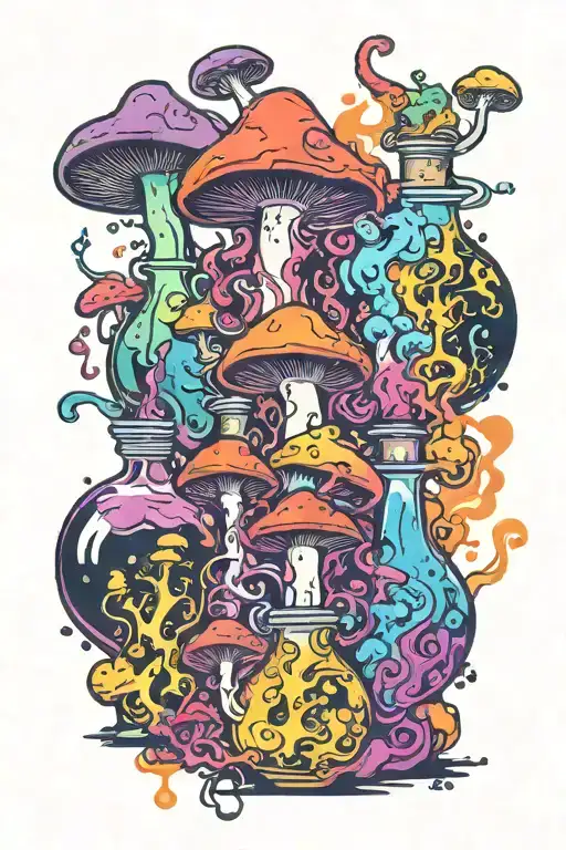 liquid-filled potion bottles with colorful smoke and color filling psychedelic mushrooms everywhere tattoo design idea