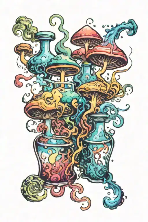 liquid-filled potion bottles with colorful smoke and color filling psychedelic mushrooms everywhere tattoo design idea