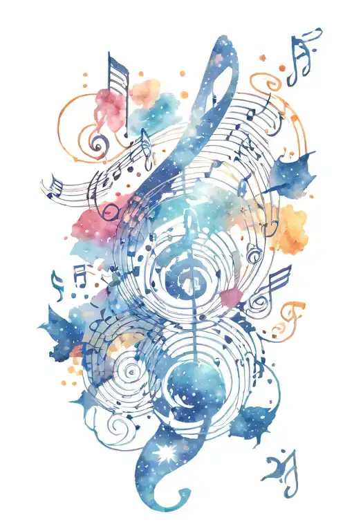 Cosmic music notes swirling around a galaxy tattoo design idea