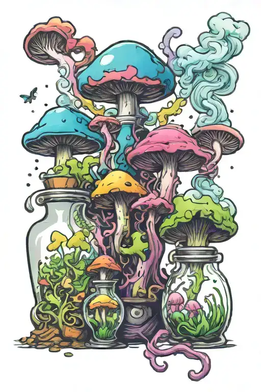 liquid-filled potion bottles with colorful smoke and with color filling psychedelic mushrooms everywhere tattoo design idea