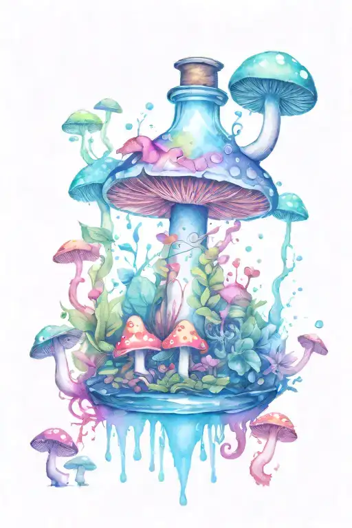 one liquid-filled potion bottle with color slowly rising in the psychedelic mushrooms growing on the ground tattoo design idea