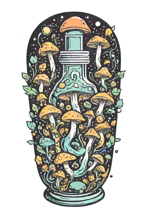 liquid-filled potion bottle with psychedelic mushrooms all around it tattoo design idea