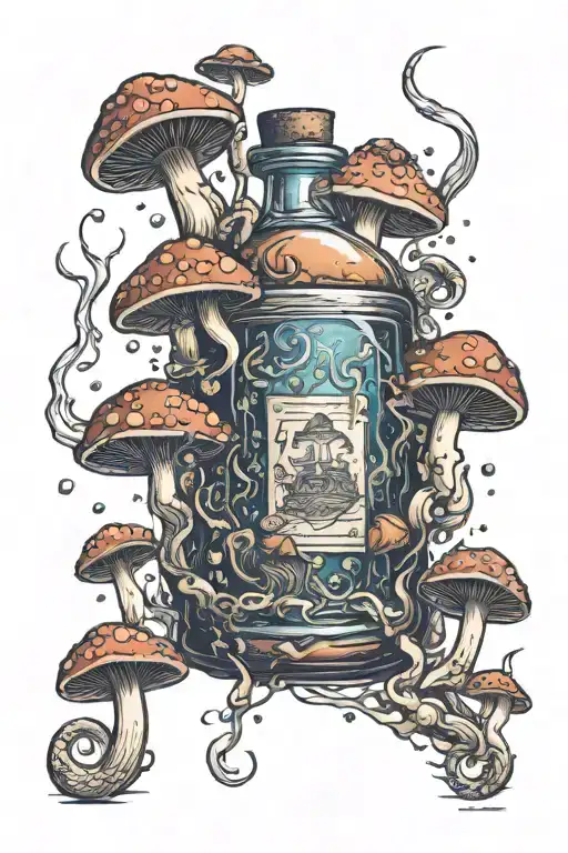 liquid-filled potion bottle with psychedelic mushrooms all around it tattoo design idea