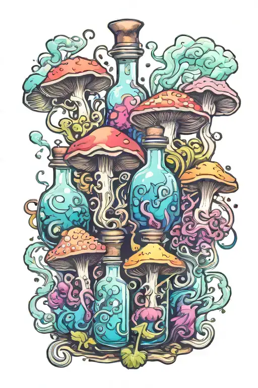 liquid-filled potion bottles with colorful smoke and color filling psychedelic mushrooms everywhere tattoo design idea