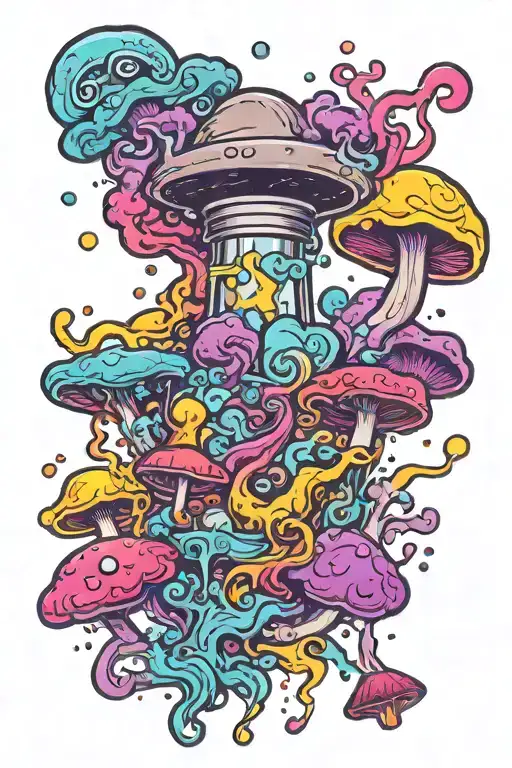 liquid-filled potion bottle with colorful smoke coming out and psychedelic mushrooms all around it splashed with color  tattoo design idea