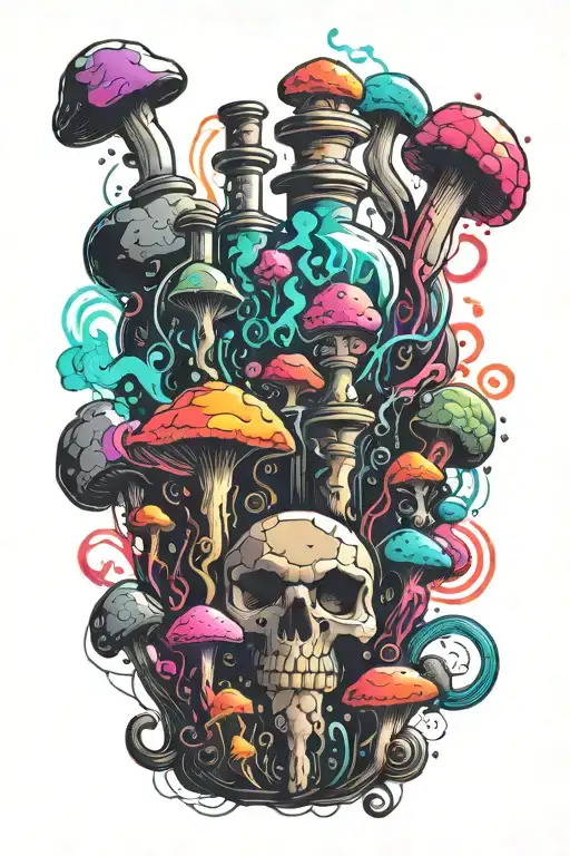 liquid-filled potion bottles with colorful smoke coming out and psychedelic mushrooms all around it splashed with color  tattoo design idea