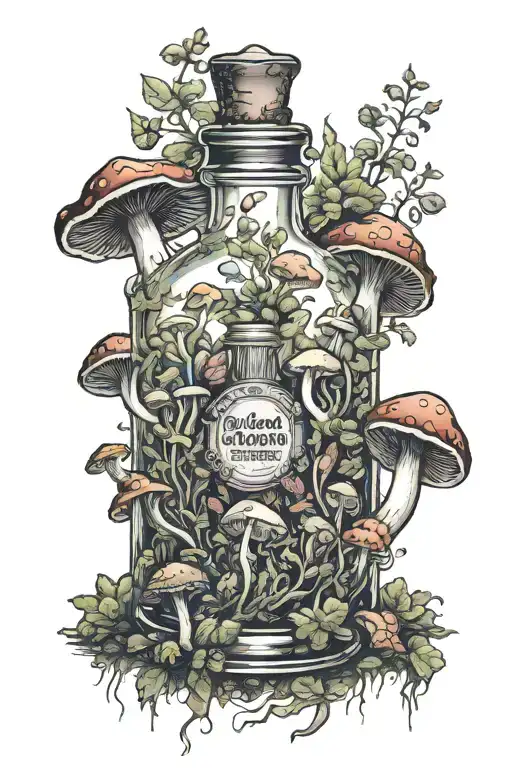 full potion bottle with psychedelic mushrooms all around it tattoo design idea