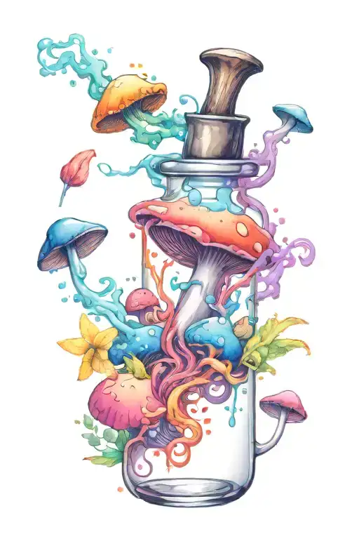 liquid-filled potion bottle with colorful smoke coming out and psychedelic mushrooms all around it splashed with color  tattoo design idea