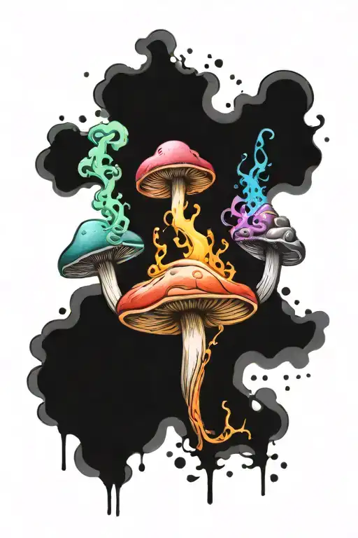 liquid-filled potion bottles with colorful smoke emanating and color filling psychedelic mushrooms all around it tattoo design idea