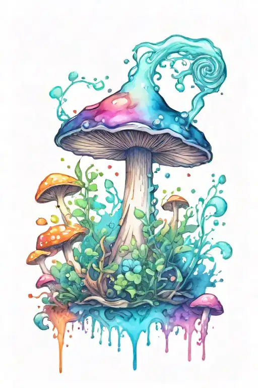 one liquid-filled potion bottle with color slowly rising in the psychedelic mushrooms growing on the ground tattoo design idea