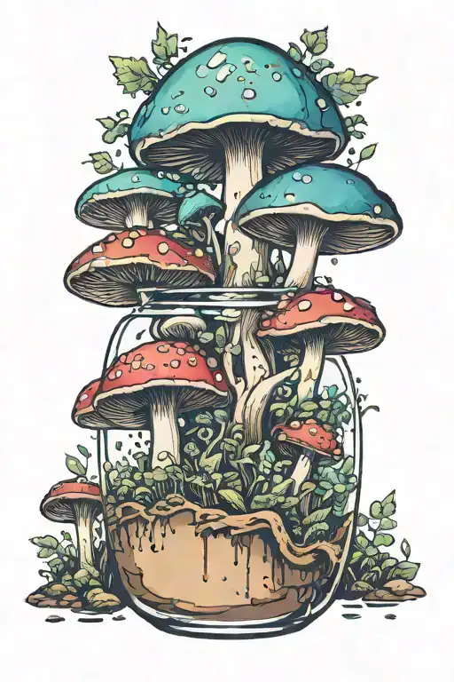 one small liquid-filled potion bottle with color filling psychedelic mushrooms growing around it tattoo design idea