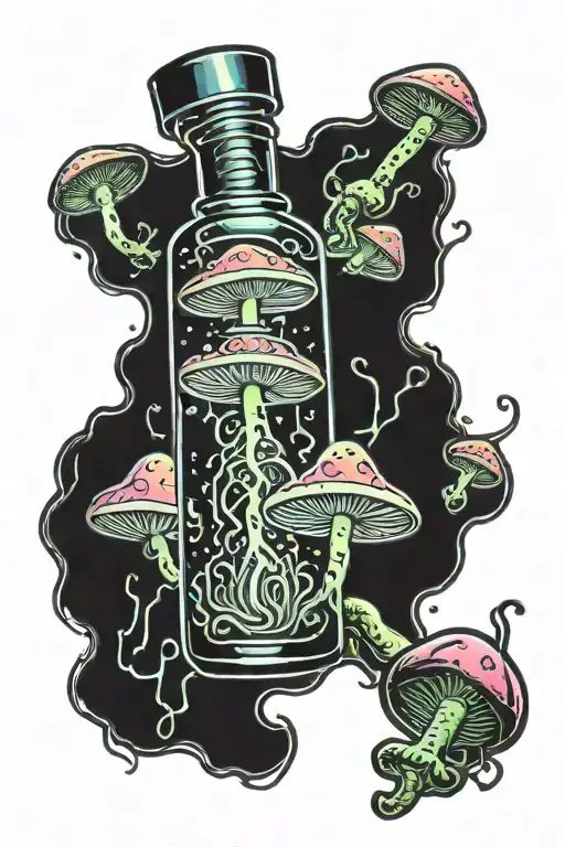 one tiny liquid-filled potion bottle with color filling psychedelic mushrooms growing on the ground around the bottle tattoo design idea