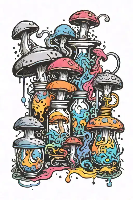 liquid-filled potion bottles with colorful smoke coming out and psychedelic mushrooms all around it splashed with color  tattoo design idea