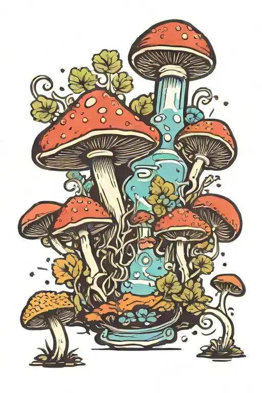 one small liquid-filled potion bottle with color filling psychedelic mushrooms growing on the ground around it tattoo design idea