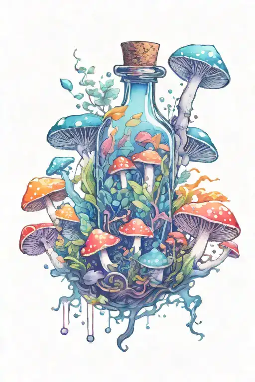 one liquid-filled potion bottle with color slowly rising in the psychedelic mushrooms growing on the ground tattoo design idea