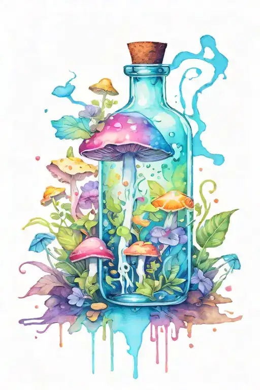 one liquid-filled potion bottle with color slowly rising in the psychedelic mushrooms growing on the ground tattoo design idea