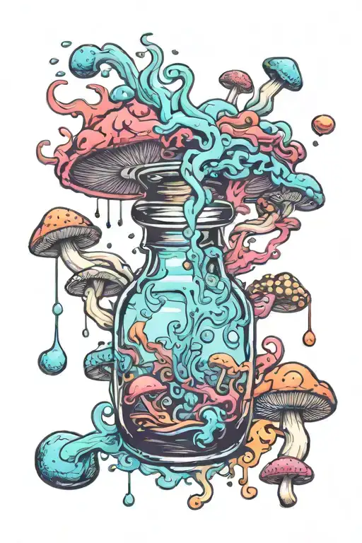 liquid-filled potion bottle with colorful smoke coming out and psychedelic mushrooms all around it splashed with color  tattoo design idea