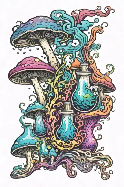 liquid-filled potion bottles with colorful smoke and color filling psychedelic mushrooms everywhere tattoo design idea