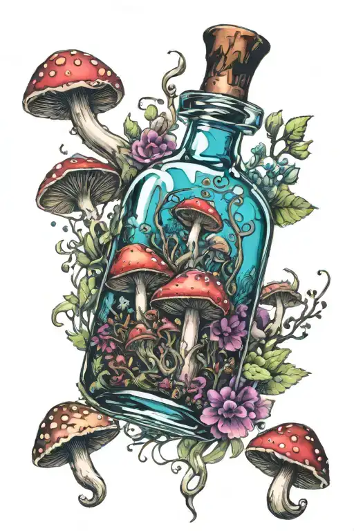 potion bottle with psychedelic mushrooms all around it tattoo design idea