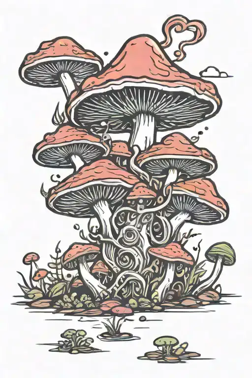 one small liquid-filled potion bottle with color filling psychedelic mushrooms growing on the ground around it tattoo design idea