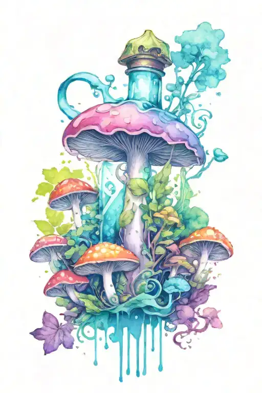 one liquid-filled potion bottle with color slowly rising in the psychedelic mushrooms growing on the ground tattoo design idea