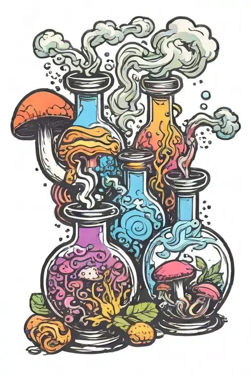 liquid-filled potion bottles with colorful smoke and with color filling psychedelic mushrooms everywhere tattoo design idea