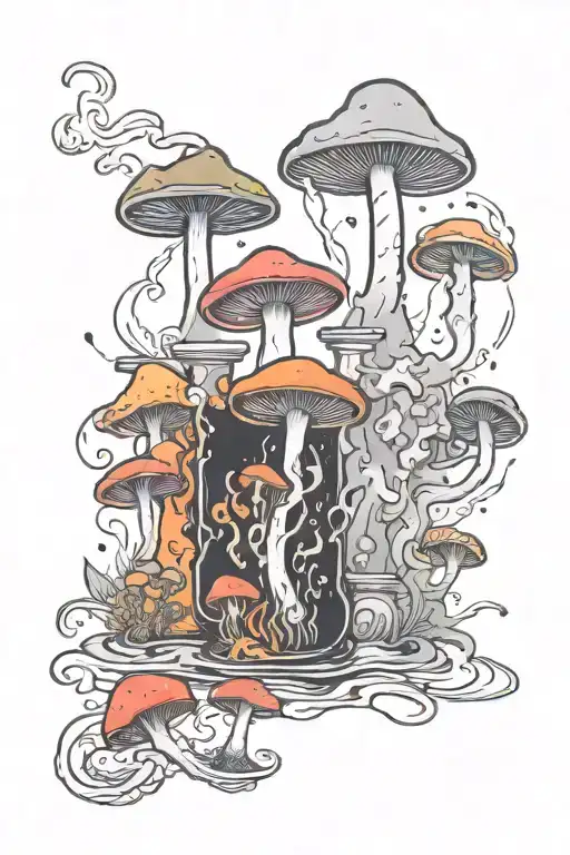 liquid-filled potion bottles with colorful smoke coming out and color filling psychedelic mushrooms all around it tattoo design idea