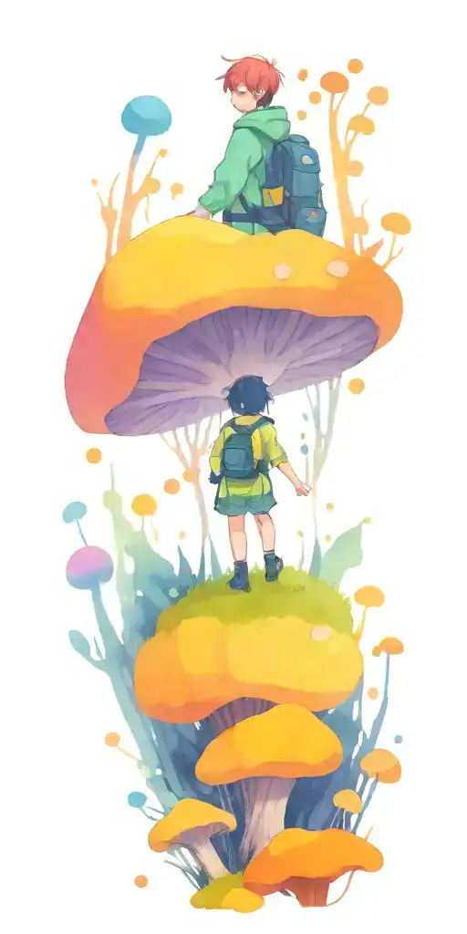 An anime-inspired character hiking through a mystical forest with glowing mushrooms tattoo design idea