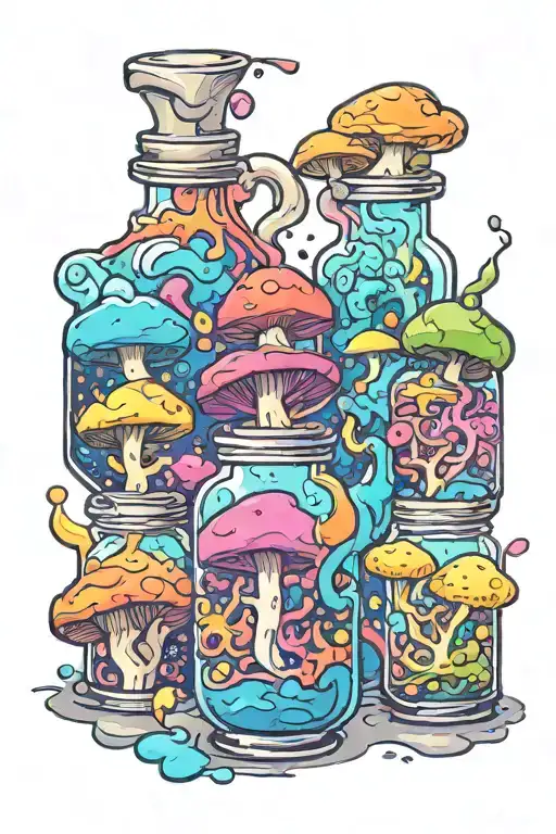 liquid-filled potion bottles with colorful smoke coming out and psychedelic mushrooms all around it splashed with color  tattoo design idea