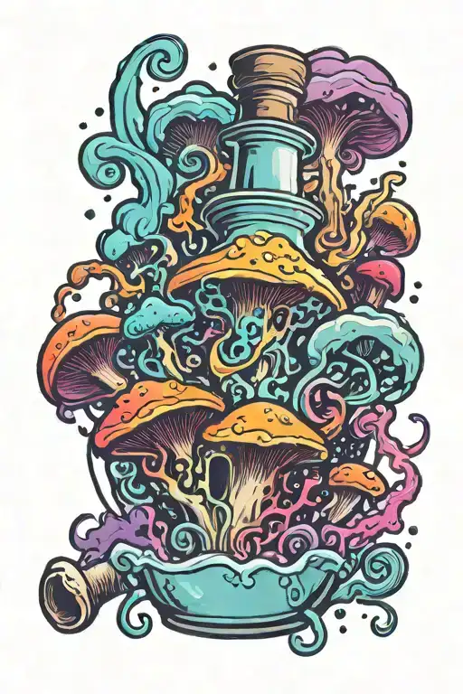 liquid-filled potion bottle with colorful smoke coming out and psychedelic mushrooms all around it splashed with color  tattoo design idea