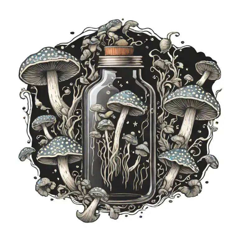 liquid-filled potion bottle with psychedelic mushrooms all around it tattoo design idea