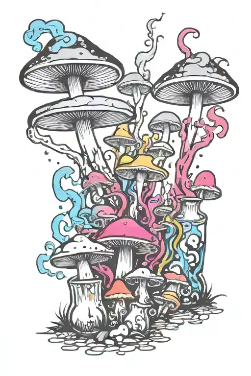 liquid-filled potion bottles with colorful smoke coming out and color filling psychedelic mushrooms all around it tattoo design idea