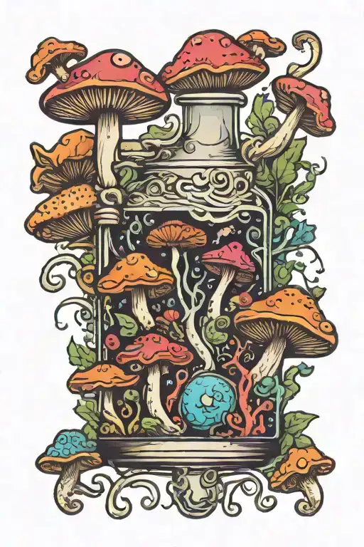 liquid-filled potion bottle with psychedelic mushrooms all around it tattoo design idea