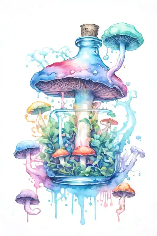 one liquid-filled potion bottle with color slowly rising in the psychedelic mushrooms growing on the ground tattoo design idea
