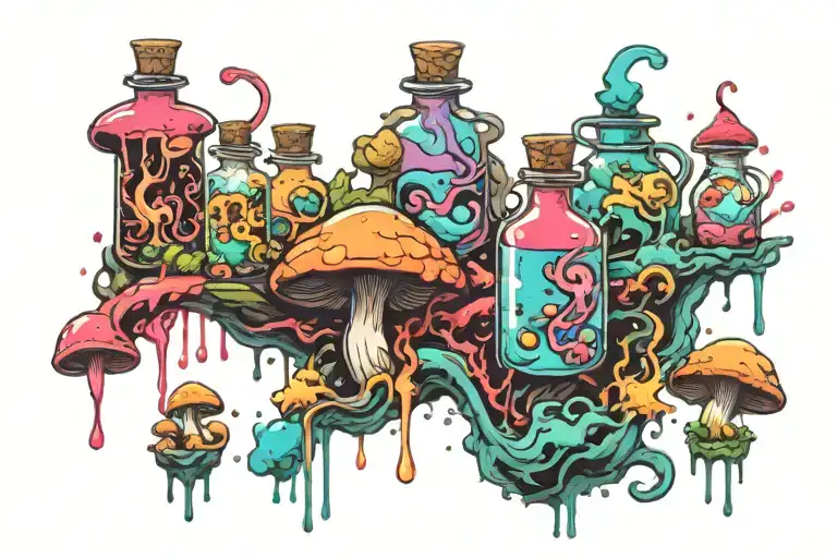 liquid-filled potion bottles with colorful smoke coming out and psychedelic mushrooms all around it splashed with color  tattoo design idea
