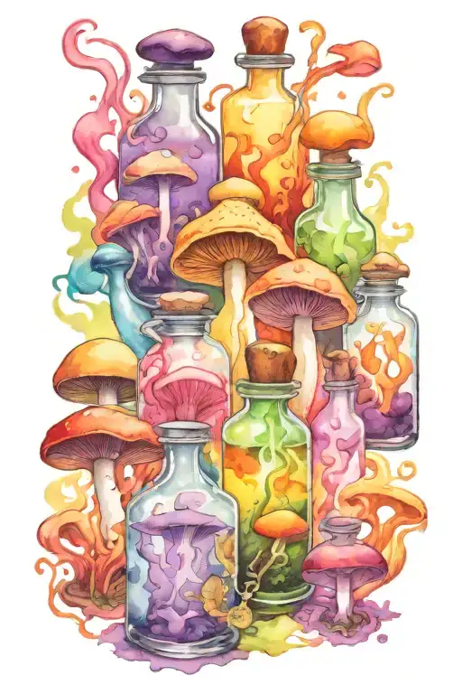 liquid-filled potion bottles with colorful smoke and with color filling psychedelic mushrooms everywhere tattoo design idea