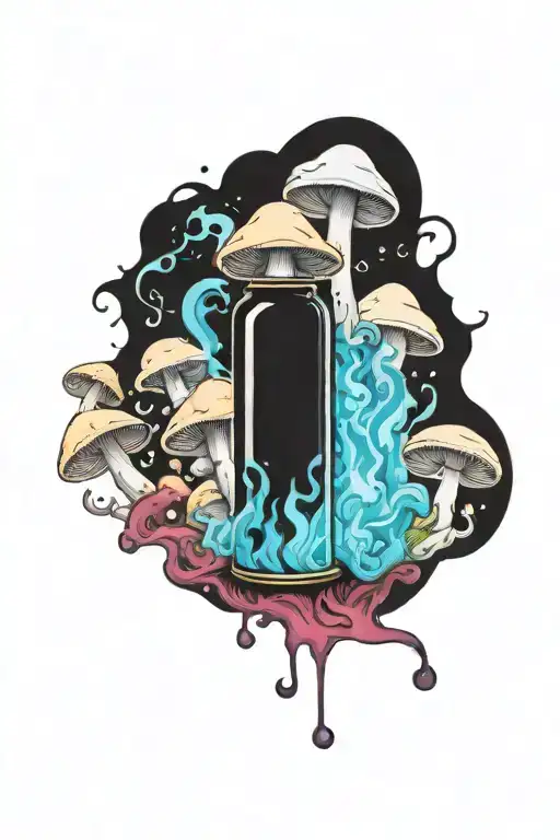 liquid-filled potion bottles with colorful smoke emanating and color filling psychedelic mushrooms all around it tattoo design idea